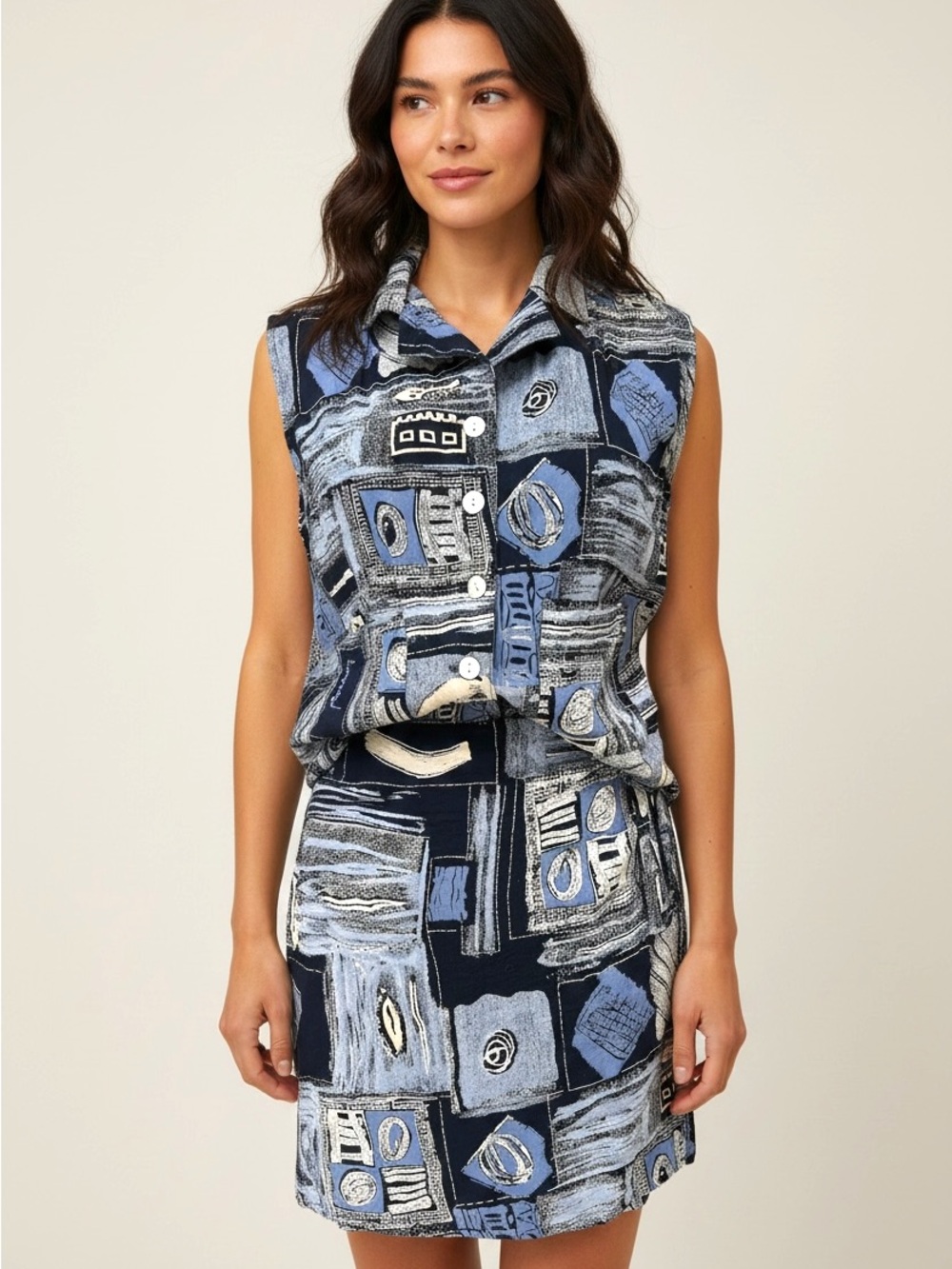 Vintage Intriguing Threads Sleeveless Top and Skort Set in Blue Patchwork Print